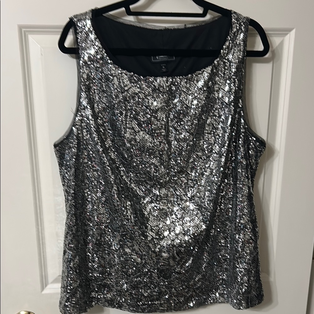 Vintage Dress Barn Silver Sequin Fully Lined Sleeveless Tank Top w/ Black Trim